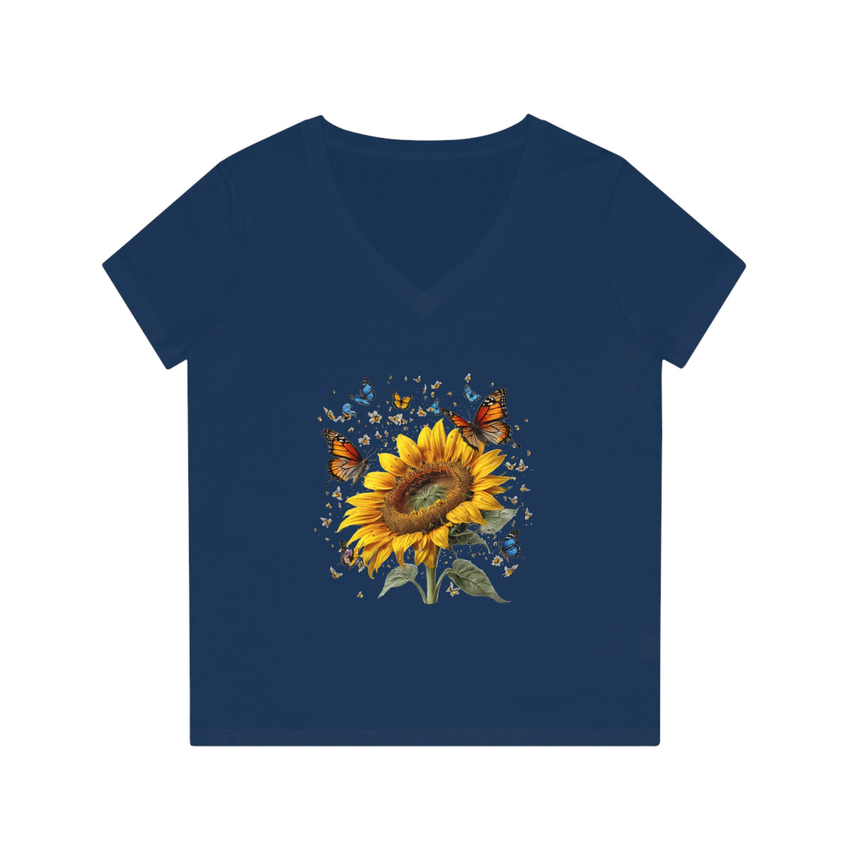 T-Shirt mit V-Ausschnitt und Schmetterlingsblume