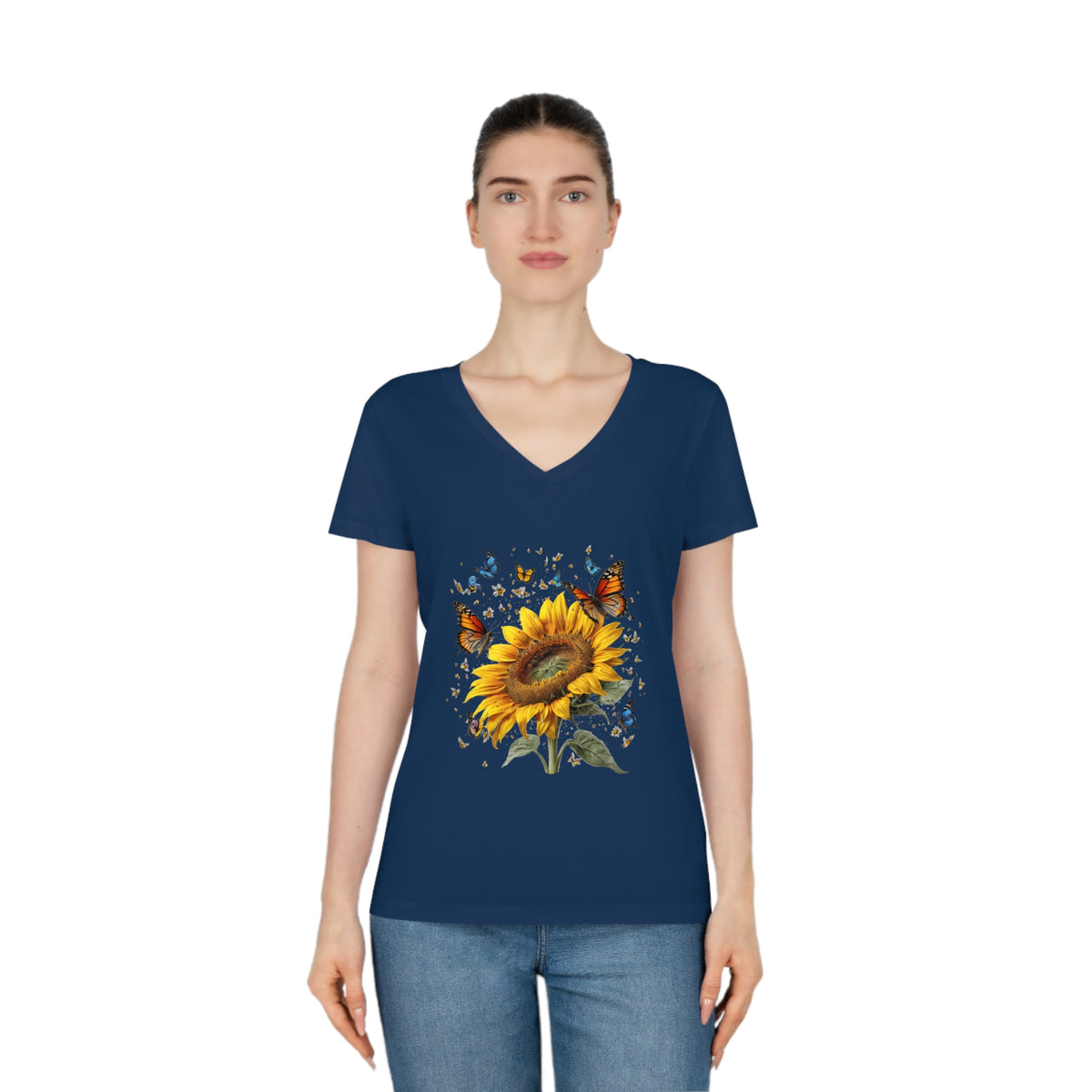 T-Shirt mit V-Ausschnitt und Schmetterlingsblume