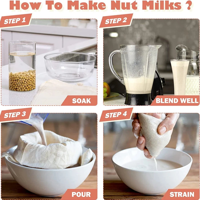 Nut Milk Bag Reusable Organic Cotton For Straining