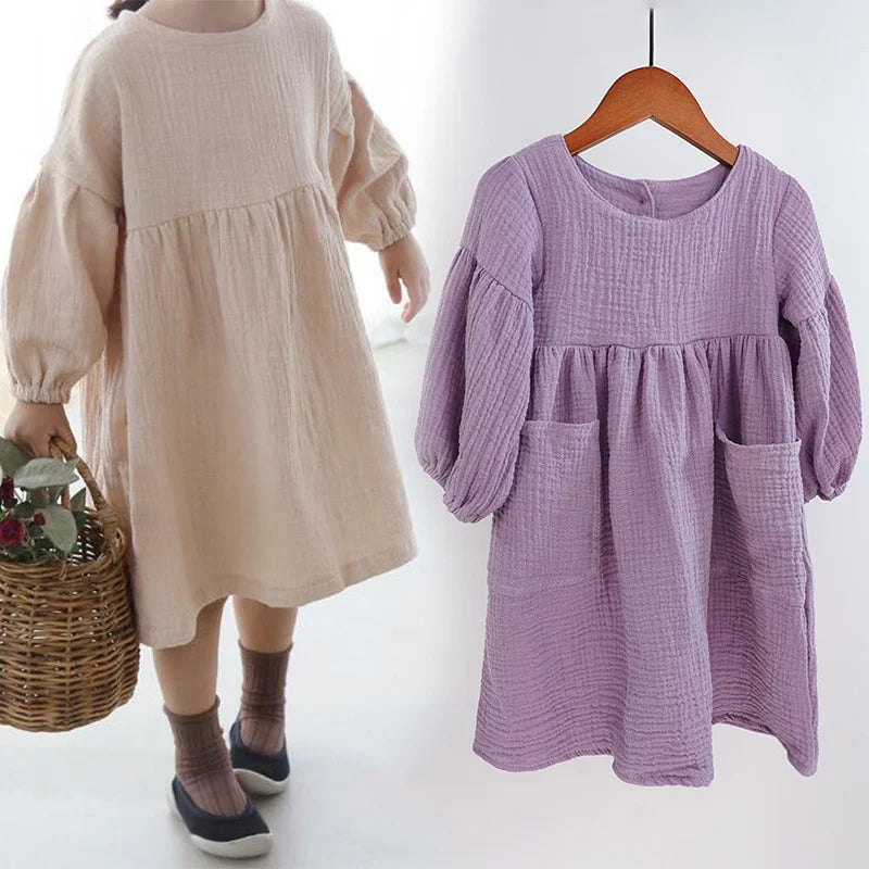 Organic Cotton Double Gauze Autumn Spring Girls Dress